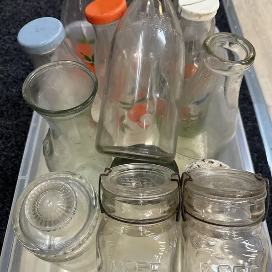Box Of Assorted Glass Milk Bottles, Agee Jars Etc